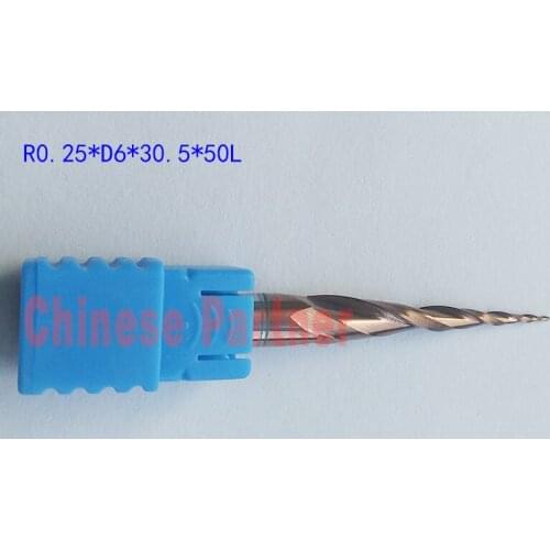 1pc R0.25*D6*30.5*50L*2F HRC55 Golden Tungsten solid carbide Tapered Ball Nose End Mill cone milling cutter wood
