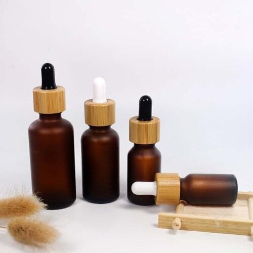 30pcs 5ml 10ml 15ml 20ml 30ml 50ml 100ml Brown Frosted Glass Dropper Bottle Cosmetic Packaging Container with Natural Bamboo Lid
