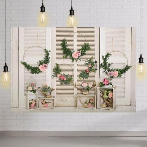 Spring Backdrops Green Leaf Pink Flower Girl Birthday Decor White Plank Antlers Photography Backgrounds Studio Props Photophone