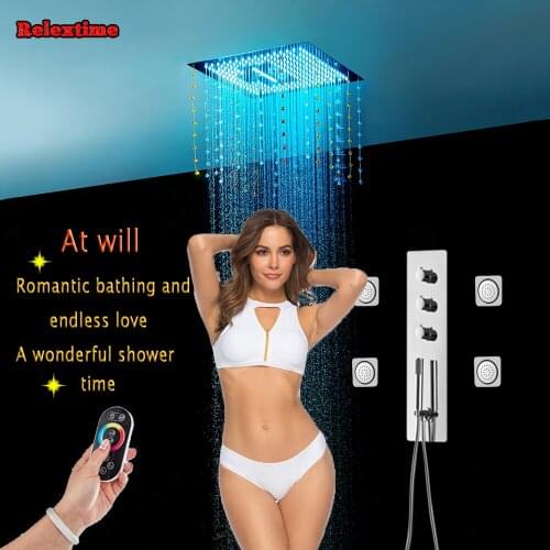 Crystal Pendant Bluetooth Music LED Ceiling Rain Shower Head Thermostatic Concealed Shower Panel Tap Speaker System Massage Jets