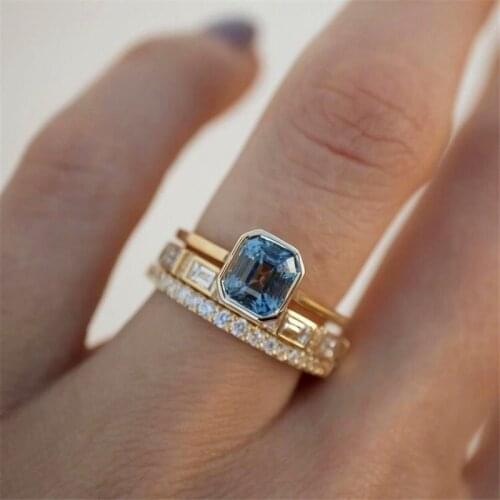 Elegant Female Square Crystal Stone Ring Set Charm Gold Color Engagement Ring Luxury Zircon Geometry Wedding Rings For Women