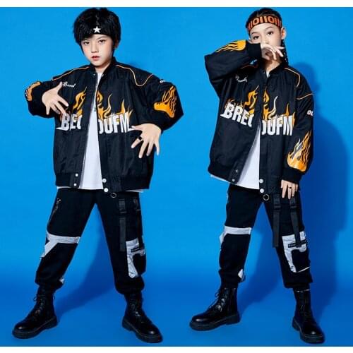 Hip Hop Kids Boys Clothes Girls Jazz Dance Costume Flame Print Show Suit Black Tops Pants Street Dancing Stage Outfits VDB2246