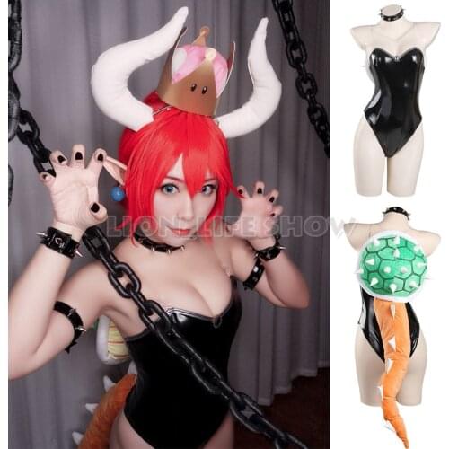 Super Mario Bowsette Kuppa Koopa Hime Princess Cosplay Costume Dress Jumpsuit Leather Party Full Suit wig