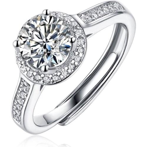 Moissanite Ring 1ct Diamond Adjustable Opening Platinum Plated 925 Sterling Silver Ring For Women Wedding Party Jewelry