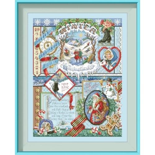 Winter sampler cross stitch kit snow skiing pattern design 18ct 14ct 11ct skyblue canvas embroidery DIY needlework