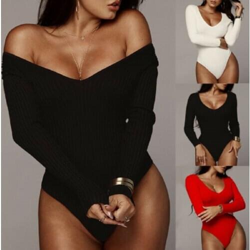 Slim Stretch Solid Color Sexy Knitted Rompers Long Sleeve V-neck Casual Wild Base Bodycon Bodysuit for Women Ladies