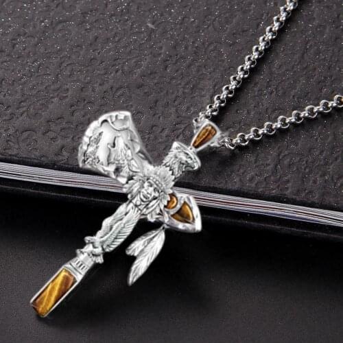 Punk Necklace Viking Eagle Wolf Ax Cross Necklace Indians Pendant Necklaces Women Men Unisex Vintage Jewelry