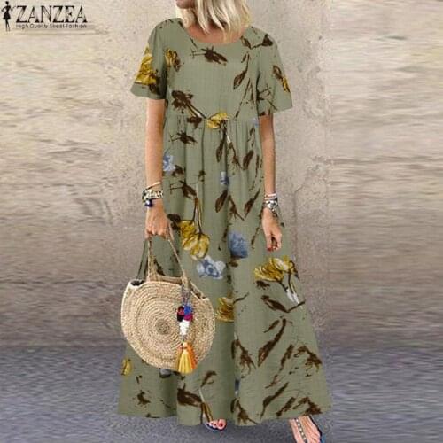 Summer Dress Women Bohemian Floral Printed Maxi Long Sundress ZANZEA Vintage Short Sleeve Loose Beach Vestidos Kaftan Robe Femme
