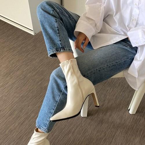 Size 33-42 Platform Boots Women Shoes Spring Winter Fashion Square Head Zipper Leather Boots Ladies Shoes White Brown Black