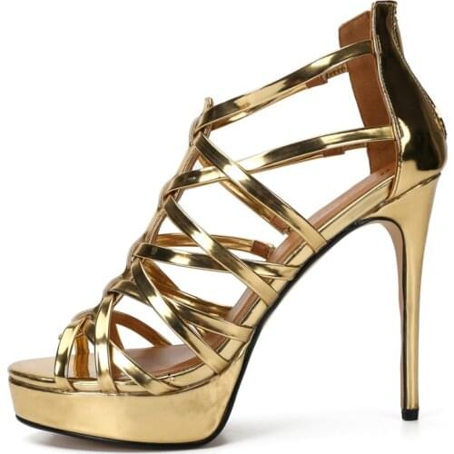 Luxury Patent Leather Sandals Women Sexy 13cm High Heels Fetish Shoes Woman Cut-outs Gold Red Black Sandals Plus Size 48 50