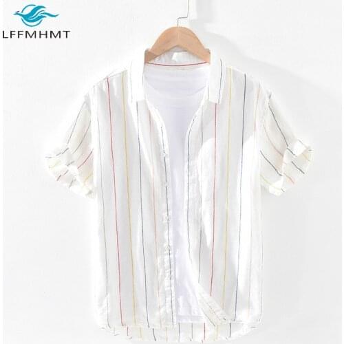 100% Healthy Linen Fashion Shirts Short Sleeve Lapel Striped Simple Shirts Japan Fashion Minimalist Summer Soft Breathable Tops
