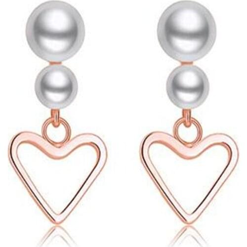 Korean Style Rose Gold And Silver Colors Heart-Shaped Earrings Imitation Pearl Womens Earrings Party Banquet Jewelry