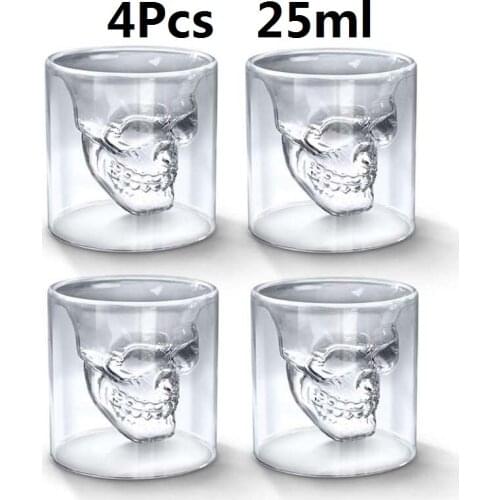 4Pcs Crystal Skull Head Glass Tea Cup Double Layers Shot Transparent Skull Bottle Whiskey Wine Vodka Bar Club Beer Wine Glass