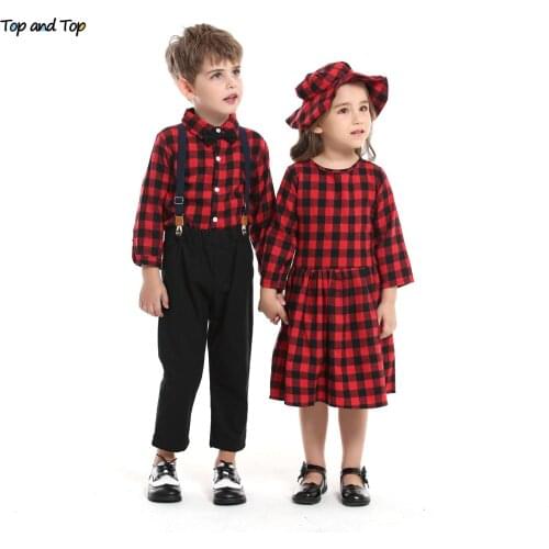 Top and top Autumn Winter Brother and Sister Plaid Matching Outfits,Kids Boys Gentleman Clothes+Girls Casual Princess Outfits