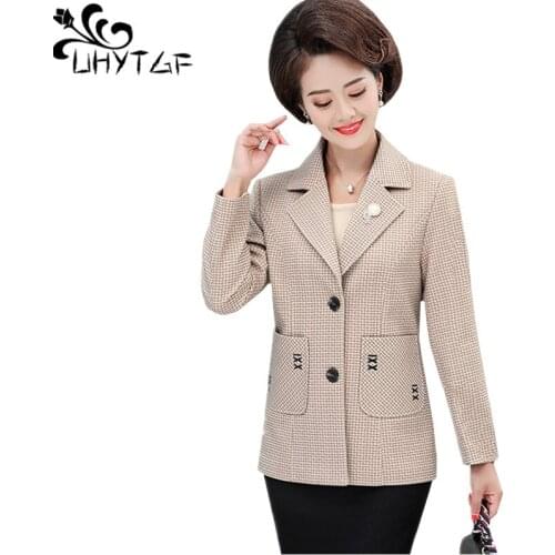 UHYTGF Womens Basic Jacket Fashion Plaid Small Suit Autumn coat women Single-breasted short 5XL plus size coats veste femme 350