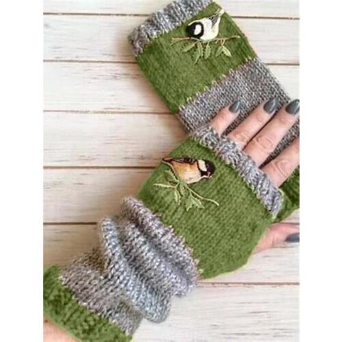 2020 Birds Embroidery Gloves Women Knitted Fingerless Plus Color Block Splice Mittens Womens Girl costume gloves