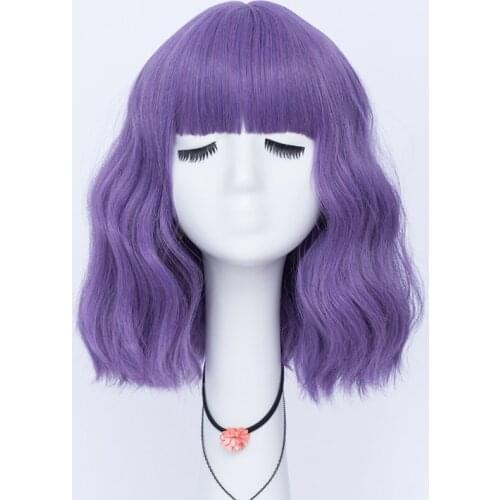 VICWIG Cosplay Wig with Bangs Short Water Wave Synthetic Hair Purple Blue Green Pink Orange Wig for Women
