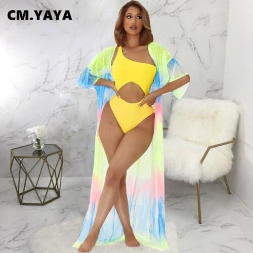 CM.YAYA Women Long Cloak Print Mesh Loose Straight Open Stitch Coat Female Sexy Fashion Beachwear Summer Clothing 2021