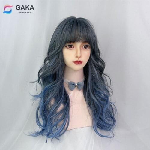 GAKA WomenS Long Wigs Synthetic Hair Gradient Haze Blue Curly Heat-Resistant Wig With Bangs