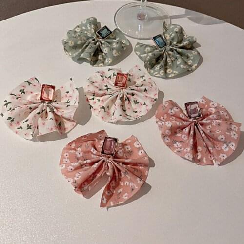 VSnow Trendy Chiffon Green White Flower Bow-knot Dangle Earring for Women Metal Geometric Square Rhinestone Drop Earring Jewelry