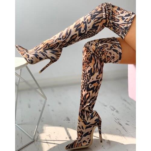 Leopard Grain Thin High Heel Long Boots Women Sexy Over The Knee Elastic Pointed Toe Boots 2021 Spring Autumn New Fashion