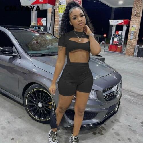 CM.YAYA Women Set Short Sleeve Hollow Out Bodysuit Stretchy Shorts Two 2 Piece Sets Sexy Fashion Outfit Summer Tracksuits 2021
