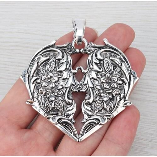 1 x Large Carved Flower Love Heart Charms Pendants for Necklace Jewelry Making Findings 69x63mm