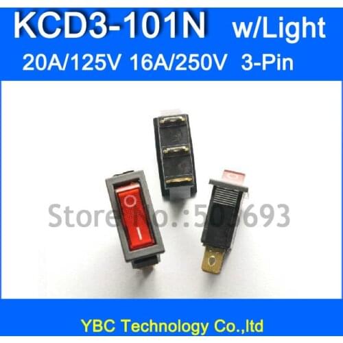 20pcs/lot 3 Pin 16A 250V 20A 125V Red Button Light Rocker Switch KCD3-101N KCD2 On Off Rocker Power Switches