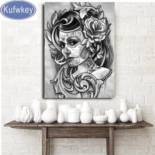 2019 New diamond painting round beads Diamond Embroidery Cross Stitch Kit Black and white Sugar skull girl 5D Mosaic Home Decor