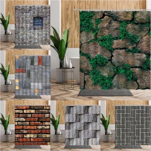 3D Stone Brick Wall Shower Curtains Bathroom Set Green Plants Retro Pastoral Style Bath Hanging Curtain Living Room Home Decor