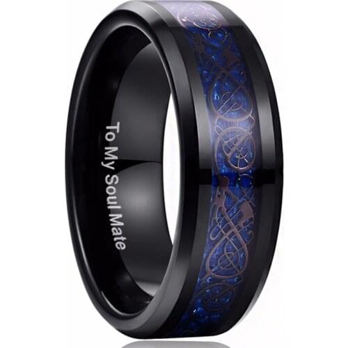 8mm High Polished Blue Opal Carved Dragon Line Men Tungsten Steel Ring Black Men Punk Knuckle Ring