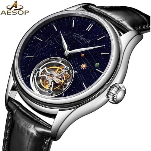 AESOP Flying Tourbillon Skeleton Men Mechanical Watches Galaxy Universe Dial Unique Design Leather Elegant Men Top Luxury Watch