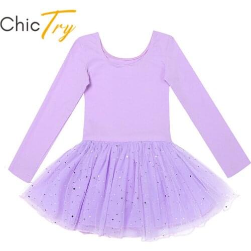 ChicTry Girls Shiny Mesh Professional Ballet Tutu Dress Children Long Sleeve Gymnastics Ballet Leotard Kids Stage Dance Costumes