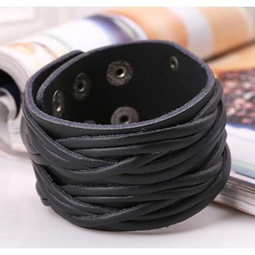 Handmade Boho Gypsy Hippie Punk Black Brown Real Cow Leather Braid Macrame Big Unisex Adjustable Unisex Wide Bracelet Bnagle