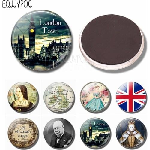 England Big Ben Fridge Magnet British London Souvenir United Kingdom Flag Map Elizabeth Churchill 30MM Glass Refrigerator Magnet