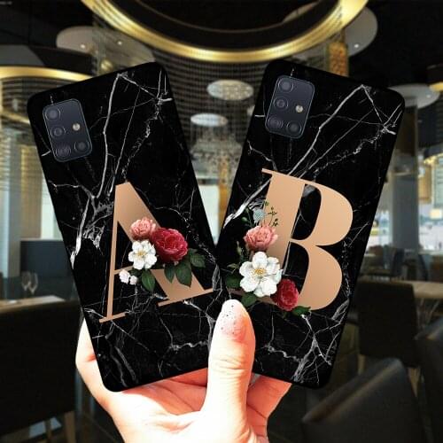 Marble Flower Custom 26 English Initial Letters Black Silicone Case Cover For Samsung A51 A71 A21S A30 A31 A40 A50 A70 A30S A50S