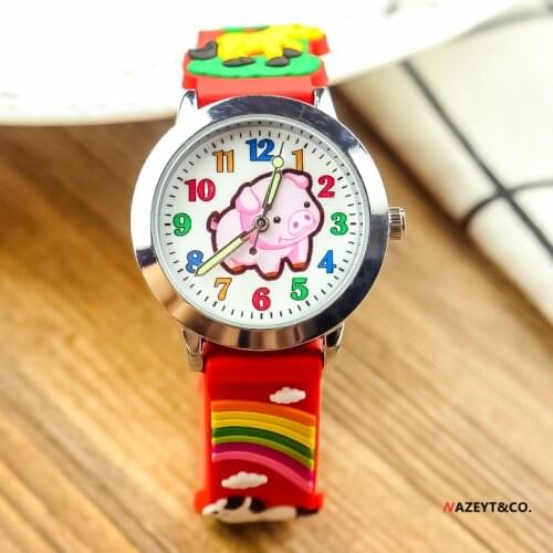 Children 3D watch lovely pink pig dial little boys girls kids luminous hands quartz watch student silicone clock