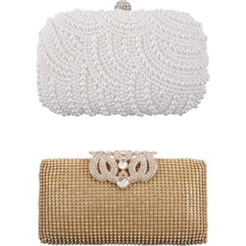 2PCS Fashion Clutch Bag Beaded Party Bridal Handbag Wedding Evening Purse with Dazzling Rhinestone Encrusted Evening Bag