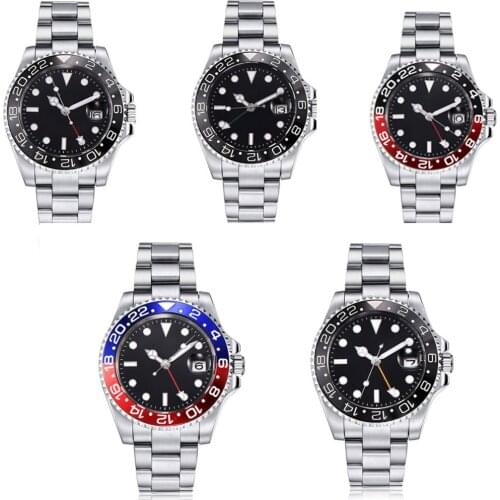 40mm Sterile Black Dial Sapphire glass Date Blue Red Bezel Steel Bracelet GMT Automatic Movement Mens Watch