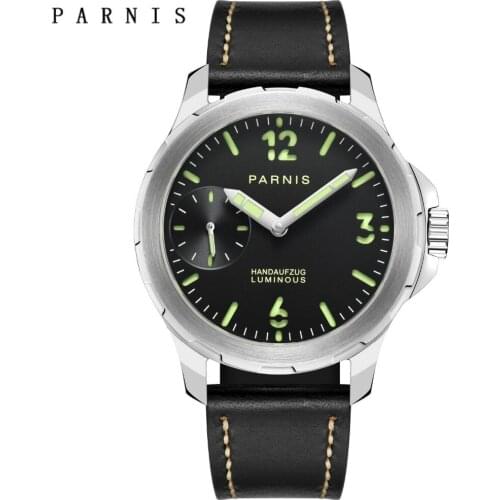 Casual Watch Men 40mm Parnis Hand-Winding Black Dial Stainless Steel Mechanical Watches