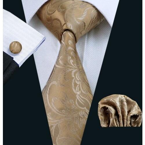 LS-309 Hot Men`s Tie Goldenrod Floral Classic 100% Silk Jacquard Woven Tie Hanky Cufflink Set For Formal Wedding Party Business
