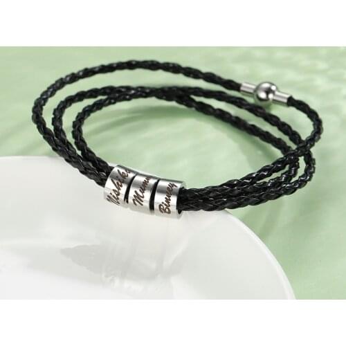 Lemegeton Family Name Bracelets for Men Custom Name Bracelet Layered Braided Leather with Stainless Steel Charms Bangle