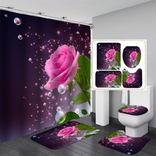 3D Red Bright Rose Pattern Bathroom Set Shower Curtain Non-slip Cushion Toilet Cushion U-shaped Cushion Bathroom Essential