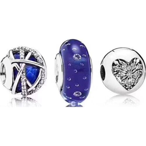 NEW 100% 925 Sterling Silver Openwork Intertwined Charm Heart-shaped Gemstone Clips Late Night Blue Bubble Glass Beads Set