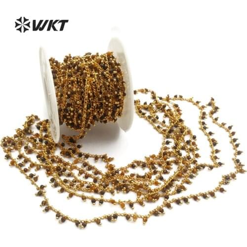 WT-RBC095 WKT wholesale rosary chain 3mm tiger eye stone bead dangling chain brass wire wrapped non-tarnishable