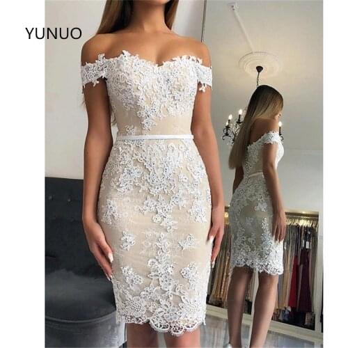 YUNUO Sheath Cocktail Homecoming Dresses sukienki koktajlowe Lace Off Shoulder Sleeveless Short Prom Dress vestidos de cóctel