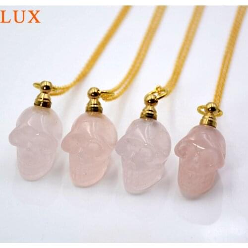 LUX Natural gems rose quartzs Perfume Bottle Pendant ghost head Essential Oil Diffuser Necklace ghost skull pink crystal pendant