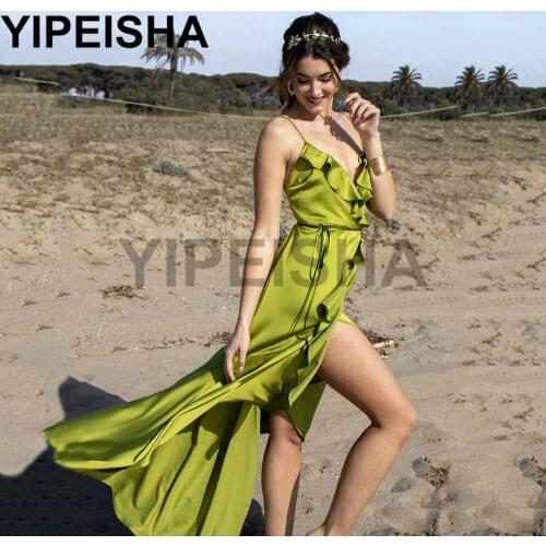 Simple V-Neck Spaghetti Strap Evening Dresses Backless Front High Split Ruffles Clubbing Party Gown vestidos de fiesta платье