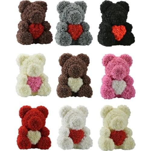 Dropshiping Luxury Rose Bear Heart Teddy Bear Rose Artificial PE Flowers Wedding Birthday Valentines Christmas Gifts for Women