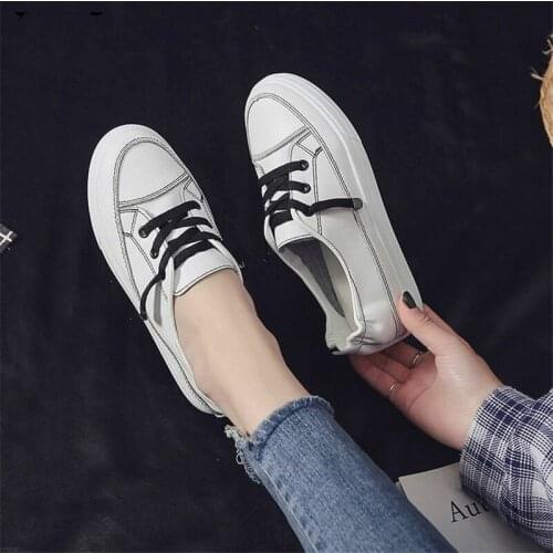 QWEDF Vulcanized Shoes Lace-up White Sneakers Low Women Casual Shoes Breathable Non-slip Shoe Shallow Mouth Flat Bottom AH-08